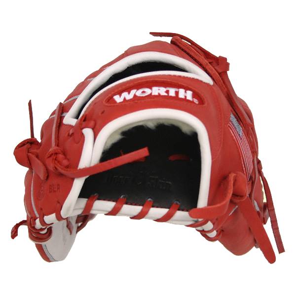 Front view of a red baseball glove with white lacing, white trim, and WORTH branding.