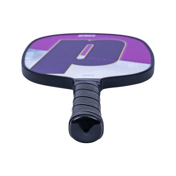 Top-down view of a purple pickleball paddle with a large P logo and black grip.