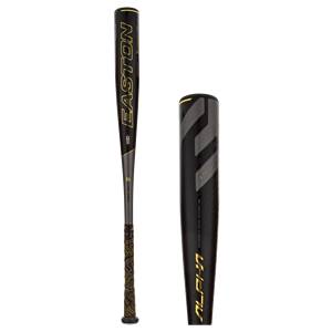 Side view of a black baseball bat with gold Easton branding and a patterned grip.