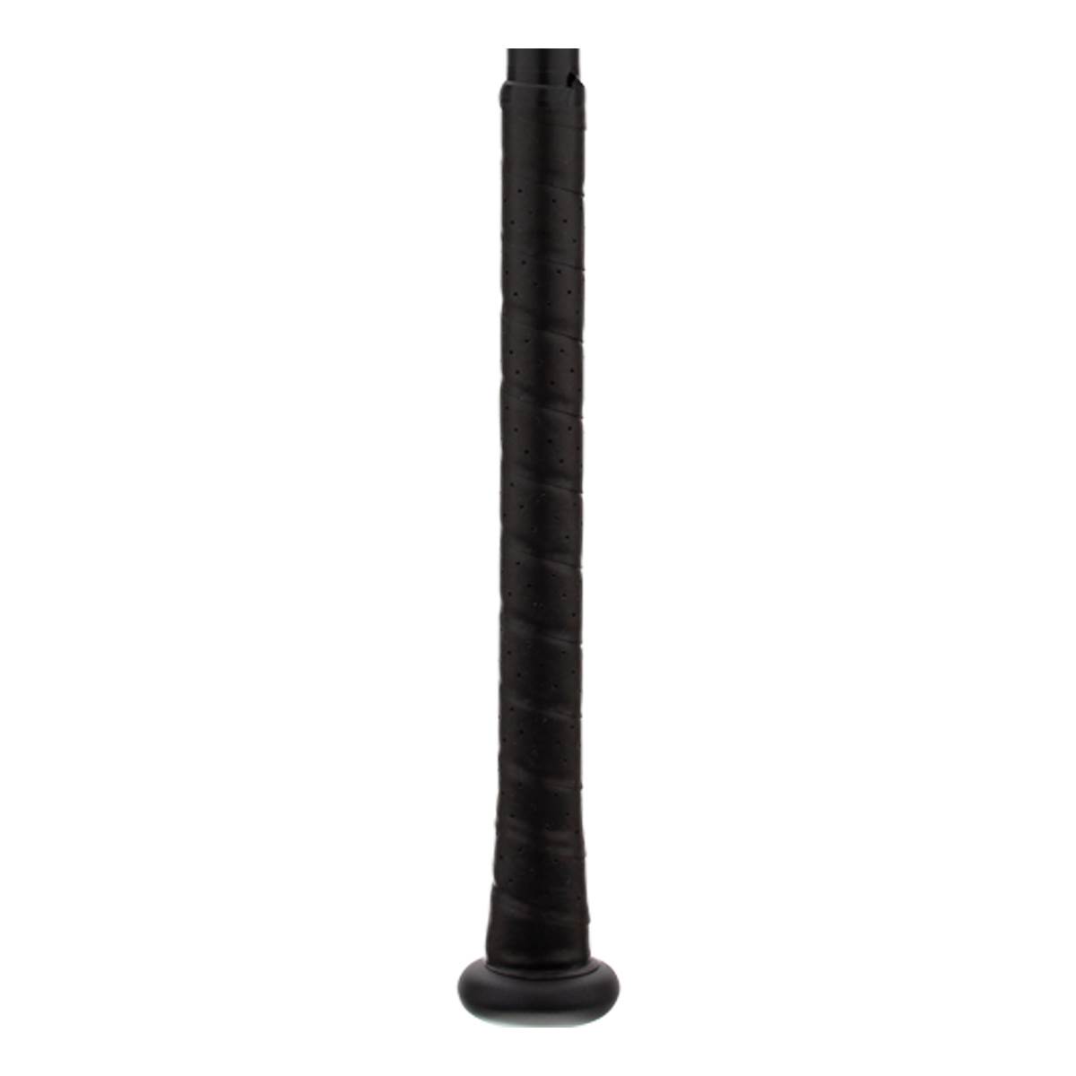 Close-up of a black baseball bat grip with a perforated texture and a rounded knob.