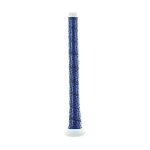 Close-up of a blue baseball bat grip with white end cap and textured pattern.