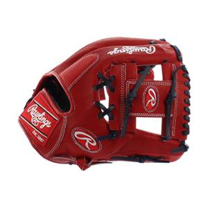 Side view of a red baseball glove with navy lacing and Rawlings branding.