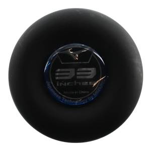 End view of a black baseball bat with 33 inches and Made in China text.