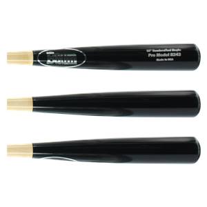 Three views of a black Baum baseball bat with a light wood knob and Baum logo.