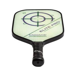 Top-down view of a white pickleball paddle with a purple target and ELITE PRO text.
