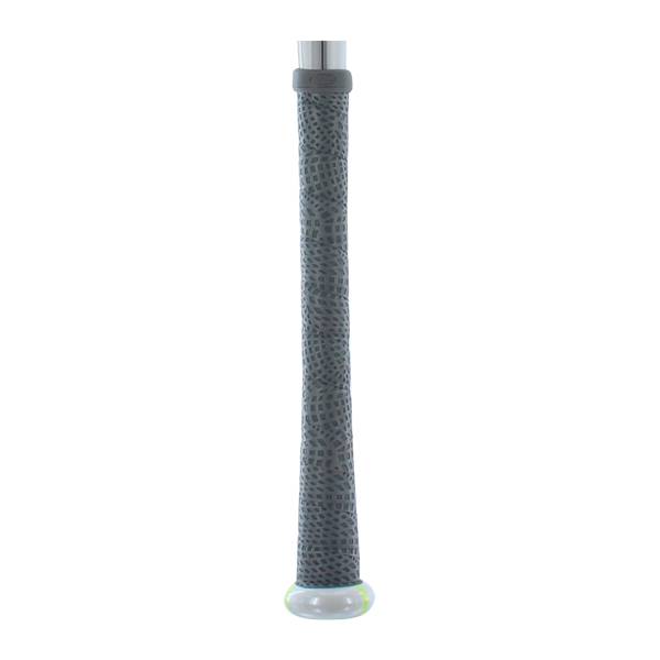 Close-up of a gray baseball bat grip with a textured pattern and a silver end cap.
