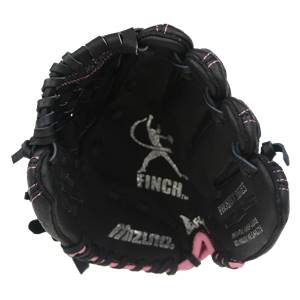Top-down view of a black fastpitch mitt with pink stitching, a Finch logo, and Mizuno branding.
