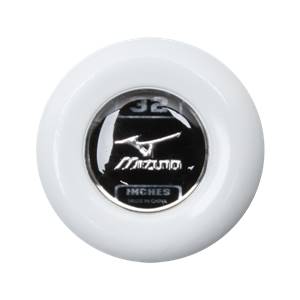 End view of a white baseball bat with a black cap showing 32, Mizuno logo, and MADE IN CHINA.