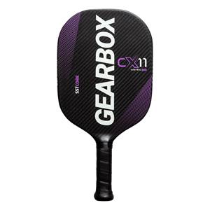 Front view of a black Gearbox CX11 pickleball paddle with purple accents and SSTCORE branding.