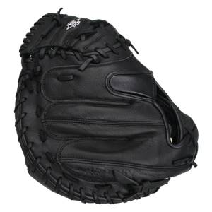 Front view of a black Easton catchers mitt with a white logo and detailed stitching.