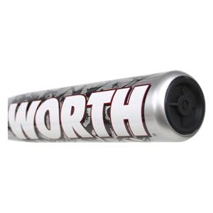 Side view of a silver baseball bat with white WORTH lettering and a black end cap.