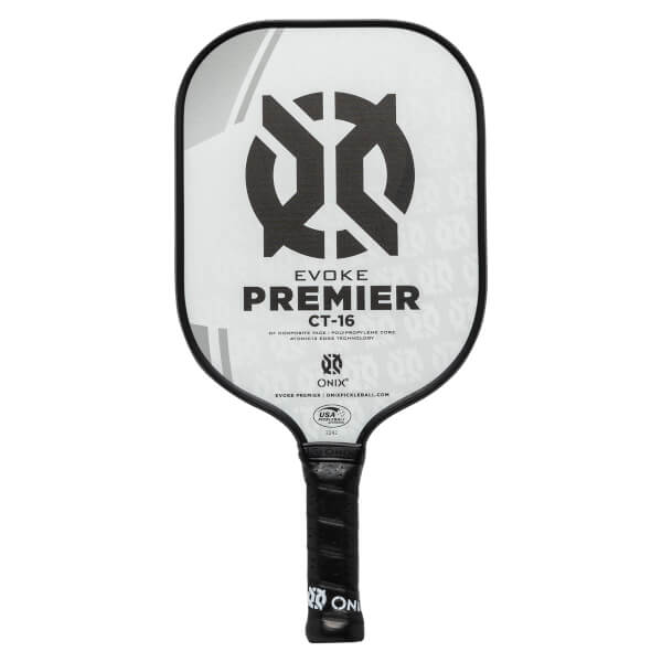Front view of a white pickleball paddle with black branding, including EVOKE PREMIER CT-16 and the Onix logo.