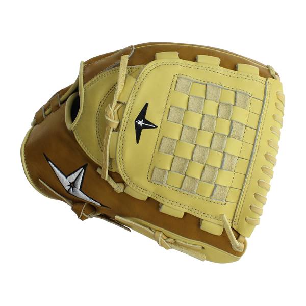 Top-down view of a tan and cream fastpitch softball glove with a woven pocket and black star logos.