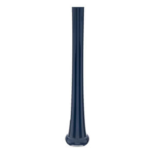 Side view of a dark blue baseball bat with a smooth finish and flared knob.