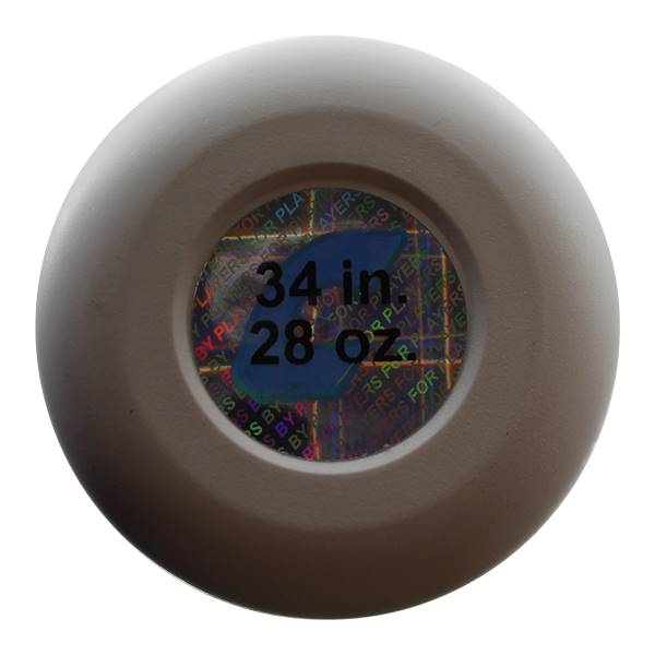 End cap view of a gray softball bat with 34 in. 28 oz. and FOR PLAYERS text.
