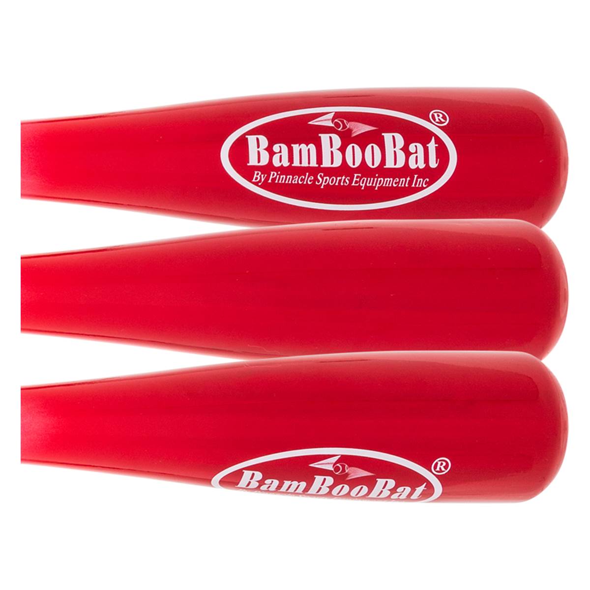 Top-down view of three red BamBooBats with white logos.