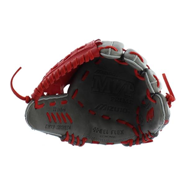 Top-down view of a smoke and red baseball glove with MVP PRIME MIZUNO branding and 12 Inches text.