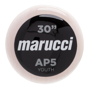 End view of a light wood baseball bat with a black circular logo showing marucci, 30, AP5, and YOUTH.