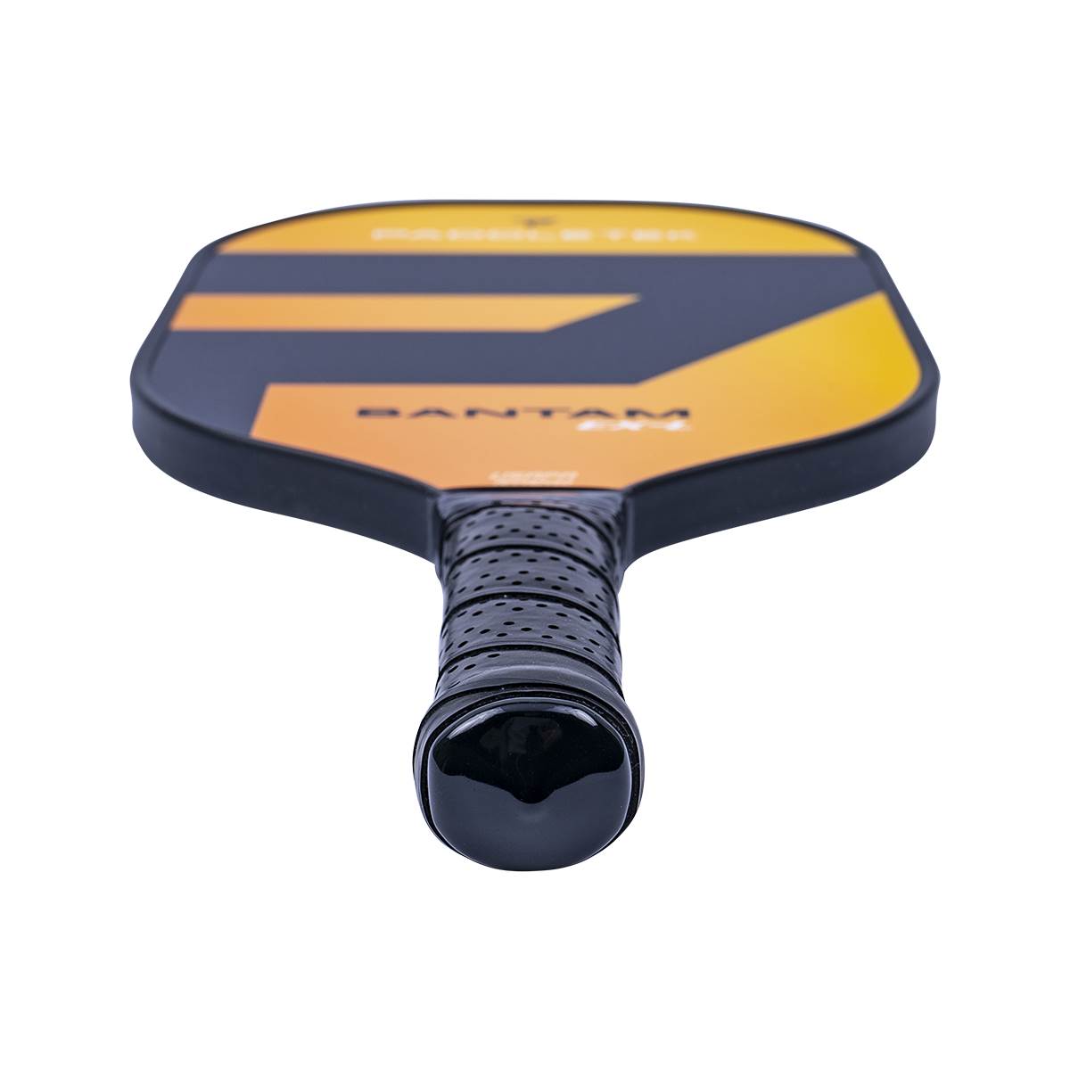 Top-down view of a black and orange pickleball paddle with BANTAM EX-L text and a perforated grip.