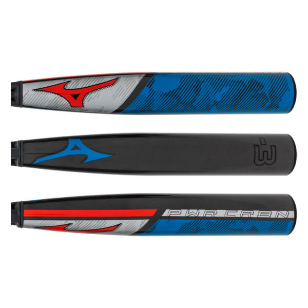 Three-panel view of a black, blue, red, and grey baseball bat with Mizuno logos and PWR CRBN text.