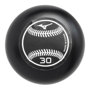 Top-down view of a black baseball bat knob with a white Mizuno logo, MADE IN CHINA, and 30.
