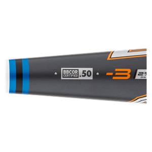 Side view of a gray baseball bat with blue stripes and BBCOR certified .50 marking.