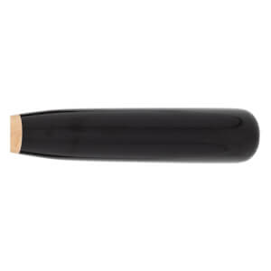 Side view of a black training bat with a rounded end and exposed wood knob.