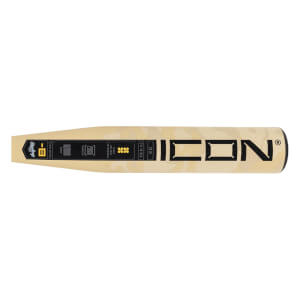 Top-down view of a tan Rawlings Icon baseball bat with black text and a camouflage pattern.