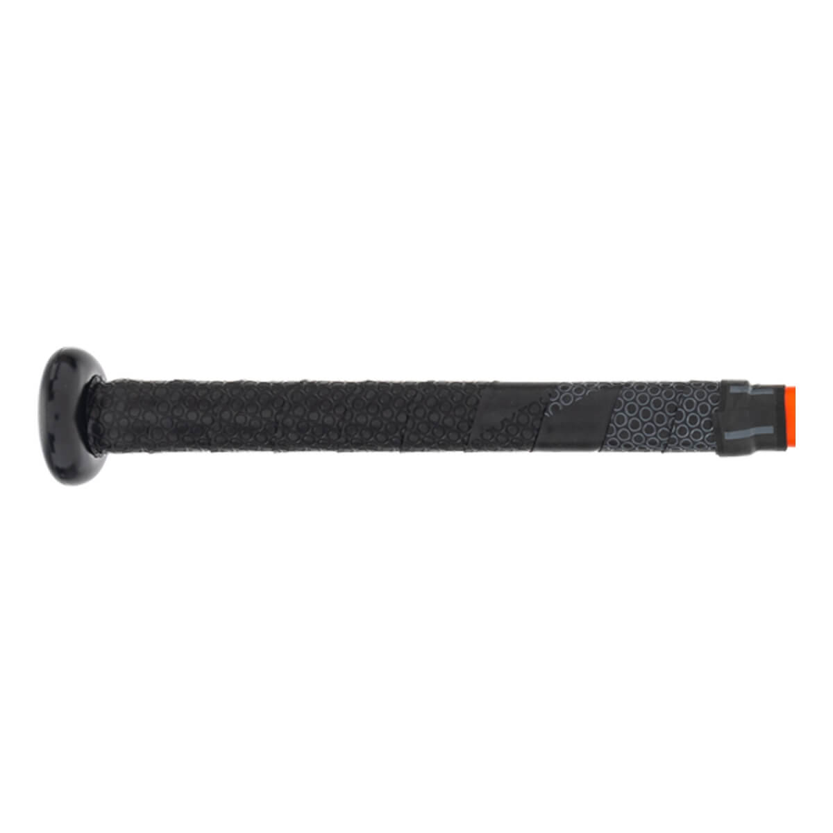 Side view of a black baseball bat with a textured grip and orange end cap.