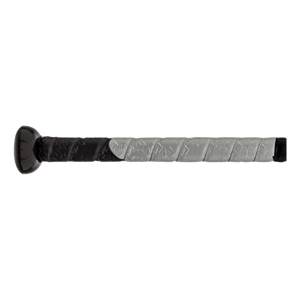 Side view of a black and silver baseball bat with a two-tone textured grip.