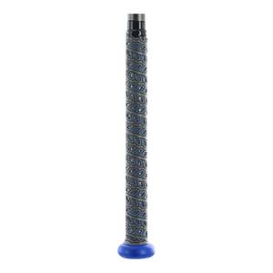 Close-up of a blue and gray baseball bat grip with a diamond pattern.