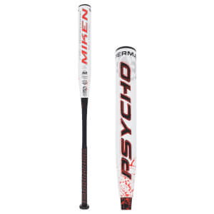 Full view of a white Miken Psycho softball bat with red lettering and a black grip.