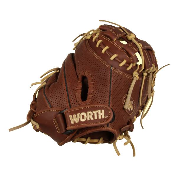 Side view of a brown baseball glove with WORTH branding and tan lacing.