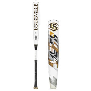Front view of a white Louisville Slugger baseball bat with black grip and gold lettering.