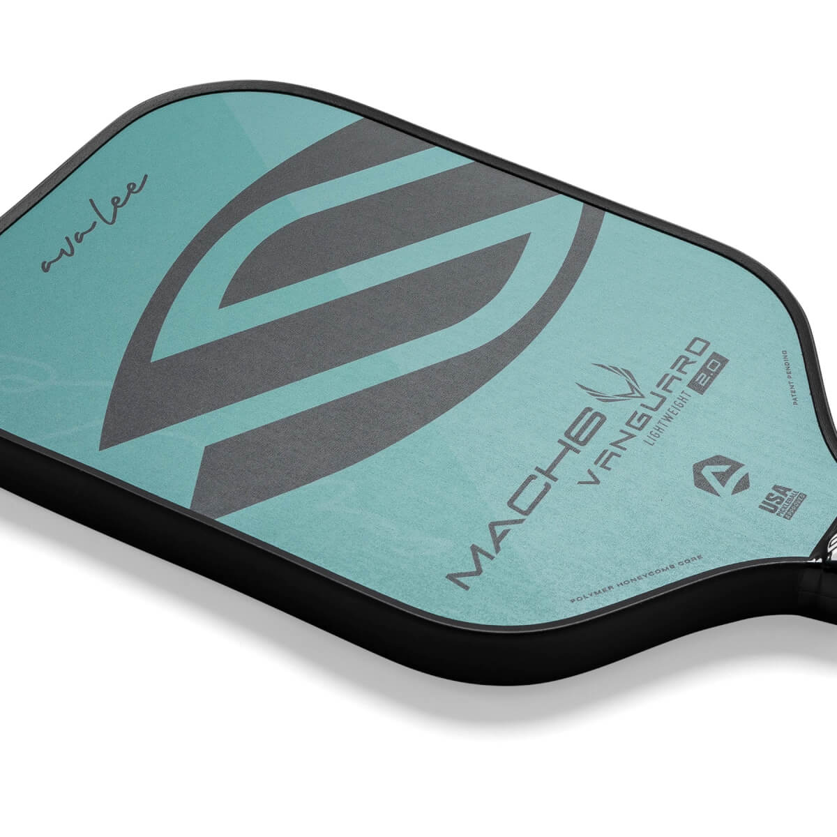 Top-down view of a teal pickleball paddle with a large grey V-shaped graphic, MACH6 VANGUARD 2.0 text, and ava lee signature.