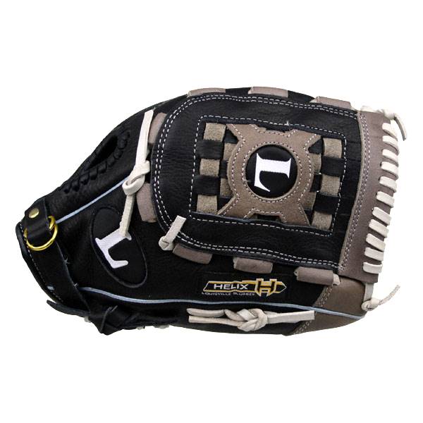 Side view of a black Louisville Slugger Helix Series baseball glove with a tan L logo and white lacing.