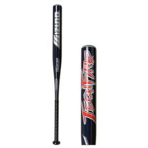 Side view of a navy blue softball bat with MIZUNO and TECHFIRE branding.