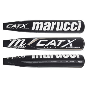 Bottom view of a black Marucci CATX Vanta Composite baseball bat with white lettering and USSSA designation.
