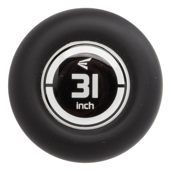 End cap view of a black baseball bat with a white Easton logo and 31 inch text.