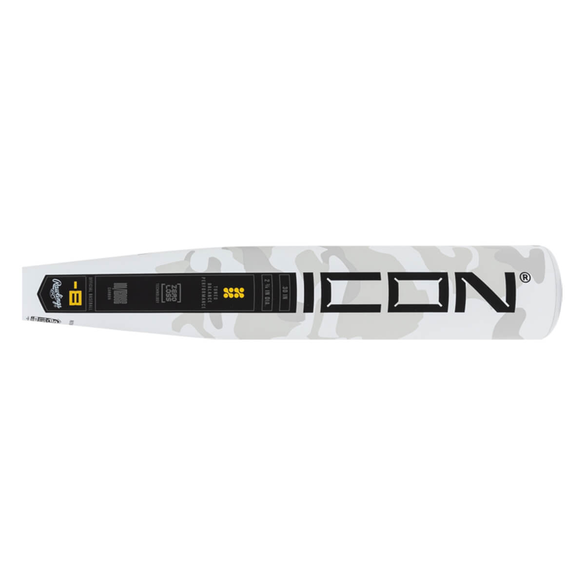 Side view of a white and grey camouflage baseball bat with ICON printed in black and a black label showing Rawlings and -8.