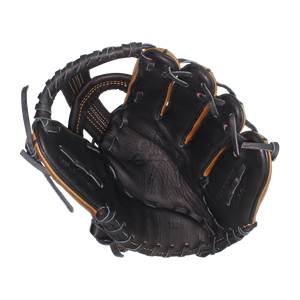 Top-down view of a black baseball glove with tan lacing and 1125 embossed on the palm.