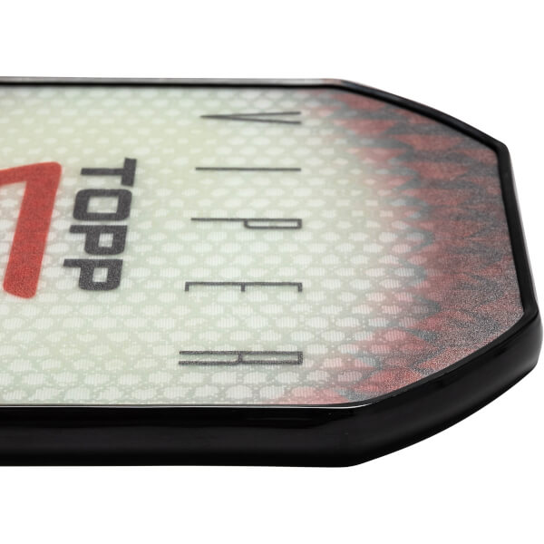 Corner view of a white pickleball paddle with red and black TOPP VIPER text and a honeycomb pattern.