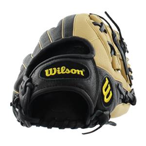 Side view of a tan and black baseball glove with yellow Wilson branding and a yellow W logo.