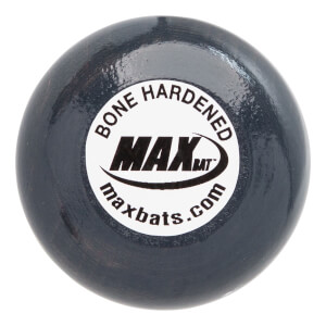 Top-down view of a dark gray baseball bat with MAX logo and BONE HARDENED text.