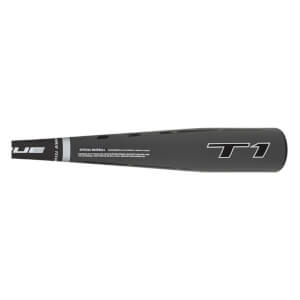 Top-down view of a black baseball bat with UE and T1 logos and OFFICIAL BASEBALL text.