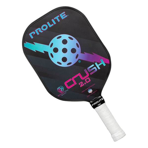 Front view of a black pickleball paddle with PROLITE CRUSH 2.0 text and a graphic pickleball.