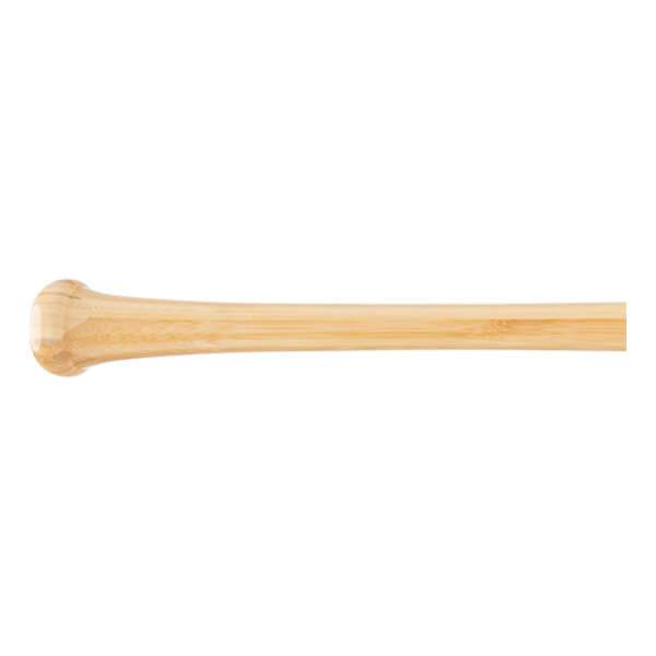 Side view of a natural bamboo baseball bat with a rounded knob and smooth barrel.