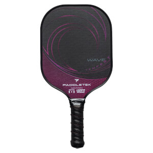 Front view of a black pickleball paddle with purple wave design, Paddletek branding, and USAPA approved logo.