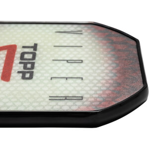 Corner view of a white pickleball paddle with red and black TOPP VIPER text and a honeycomb pattern.