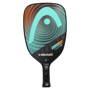 Front view of a black pickleball paddle with a large teal HEAD logo, orange and teal gradient, and GRAVITY TOURSH text.